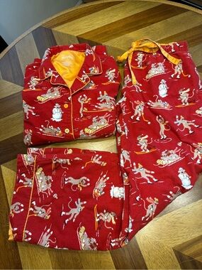 Nick & Nora Red Sock Monkey ski skate sled pajamas Gold Trim flaw women small